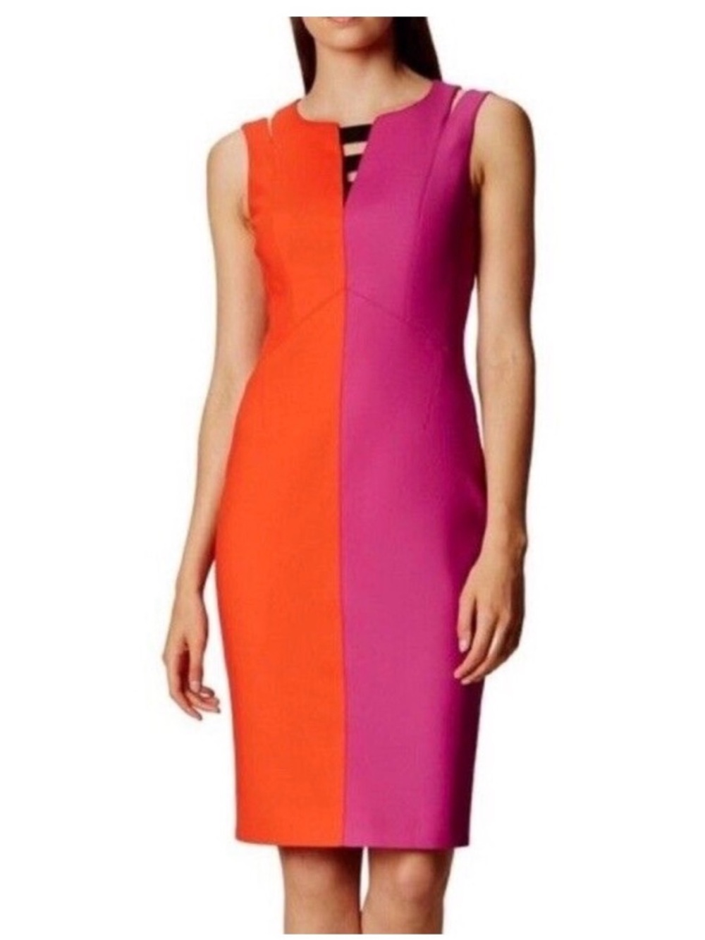 Karen Millen Red and Fuchsia Two-Tone Sheath Midi Dress cut outs